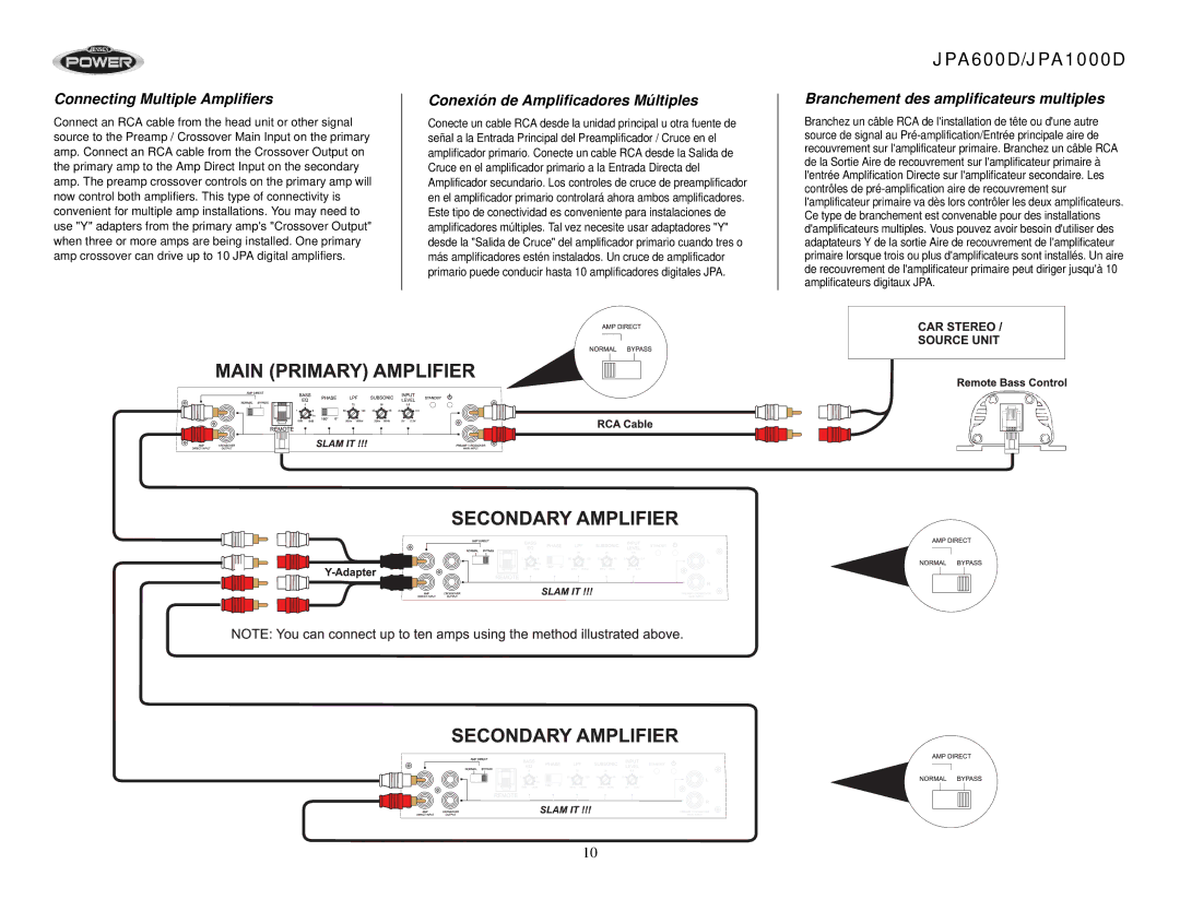 Audiovox JPA1000D, JPA600D operation manual Connecting Multiple Amplifiers, Conexión de Amplificadores Múltiples 