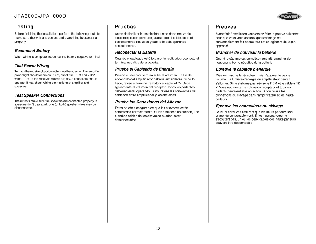 Audiovox operation manual JPA600D/JPA1000D Testing, Pruebas, Preuves 