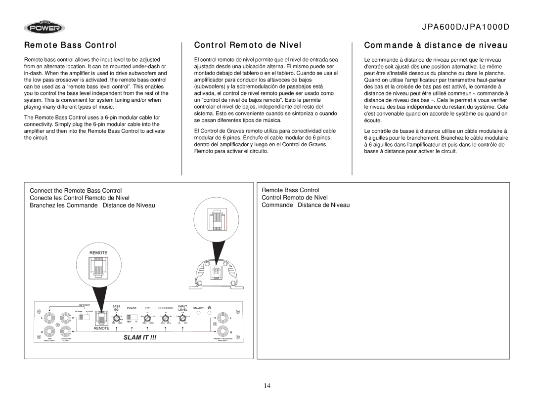 Audiovox operation manual Remote Bass Control, Control Remoto de Nivel, JPA600D/JPA1000D Commande à distance de niveau 