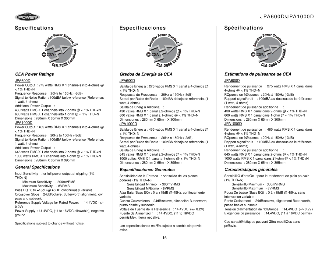 Audiovox operation manual Specifications, Especificaciones, JPA600D/JPA1000D Spécifications 