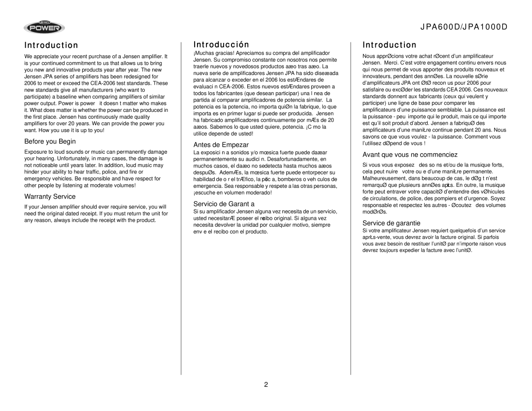 Audiovox operation manual Introducción, JPA600D/JPA1000D Introduction 