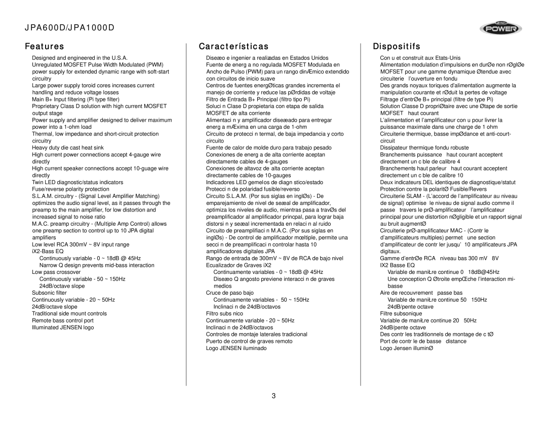 Audiovox operation manual JPA600D/JPA1000D Features, Características, Dispositifs 