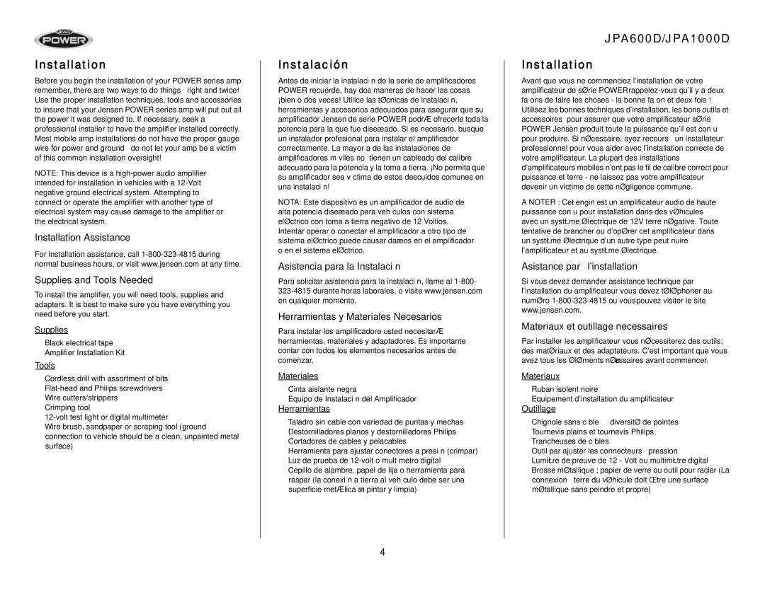 Audiovox Instalación, JPA600D/JPA1000D Installation, Installation Assistance Supplies and Tools Needed 