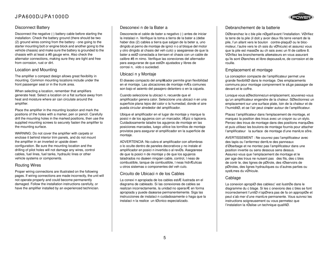 Audiovox operation manual JPA600D/JPA1000D 