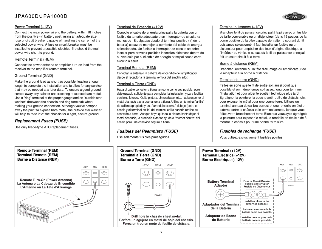 Audiovox JPA600D, JPA1000D operation manual Replacement Fuses Fuse, Power Terminal +12V 