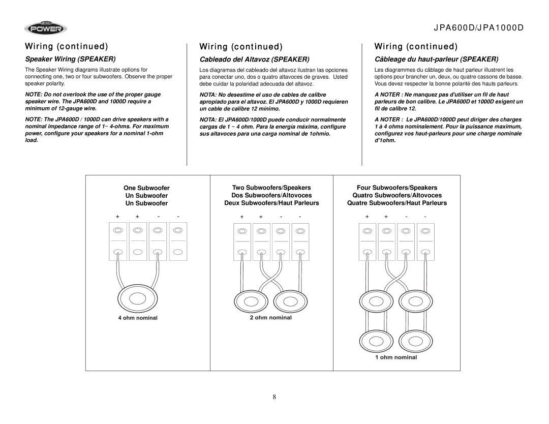 Audiovox operation manual JPA600D/JPA1000D Wiring, Speaker Wiring Speaker, Cableado del Altavoz Speaker 