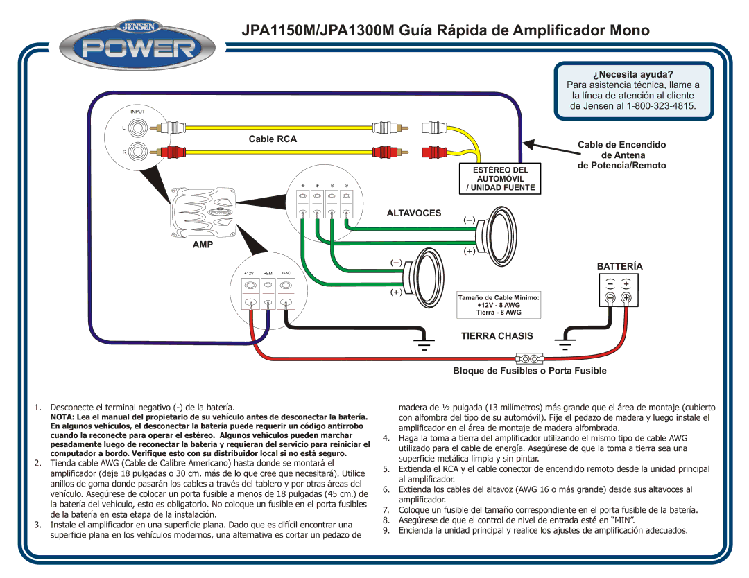 Audiovox quick start JPA1150M/JPA1300M Guía Rápida de Amplificador Mono, Altavoces AMP, Tierra Chasis, Battería 