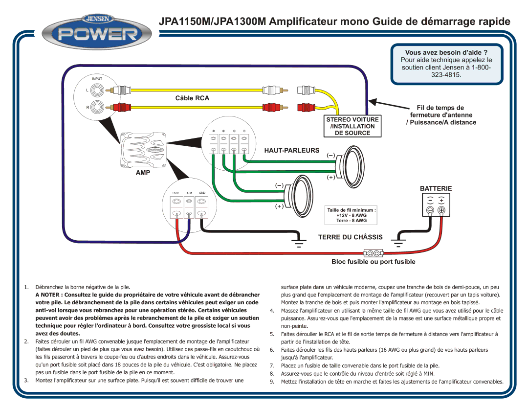 Audiovox JPA1300M, JPA1150M quick start Haut-Parleurs, Batterie Terre DU Châssis 