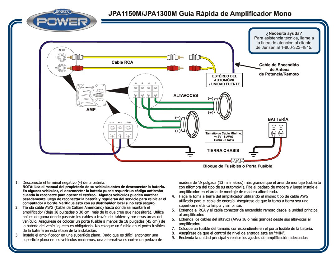 Audiovox JPA1150M/JPA1300M Guía Rápida de Amplificador Mono, Cable RCA, Altavoces Amp, Tierra Chasis, ¿Necesita ayuda? 