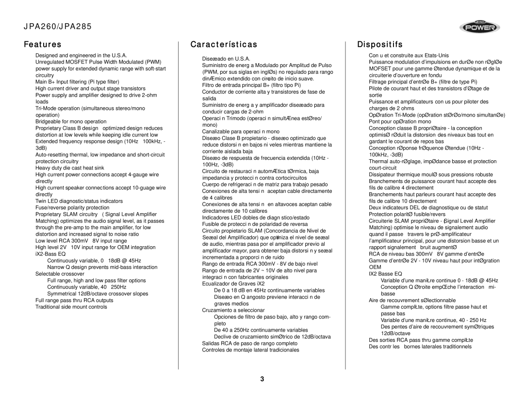 Audiovox operation manual JPA260/JPA285 Features, Características, Dispositifs 