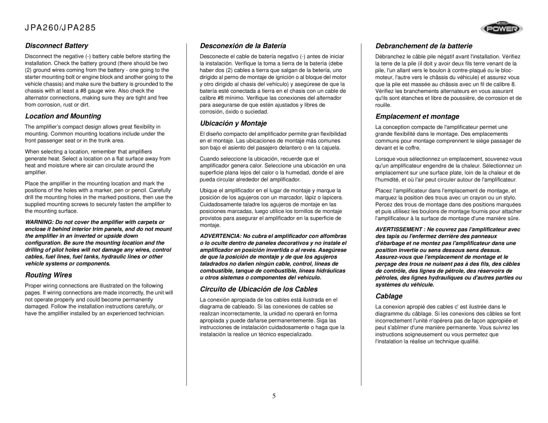 Audiovox operation manual JPA260/JPA285 