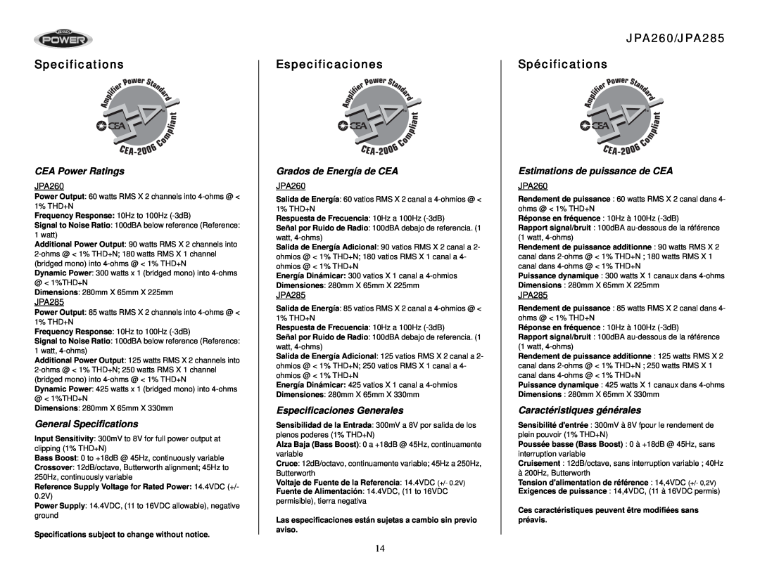 Audiovox operation manual Especificaciones, JPA260/JPA285 Spécifications, CEA Power Ratings, General Specifications 