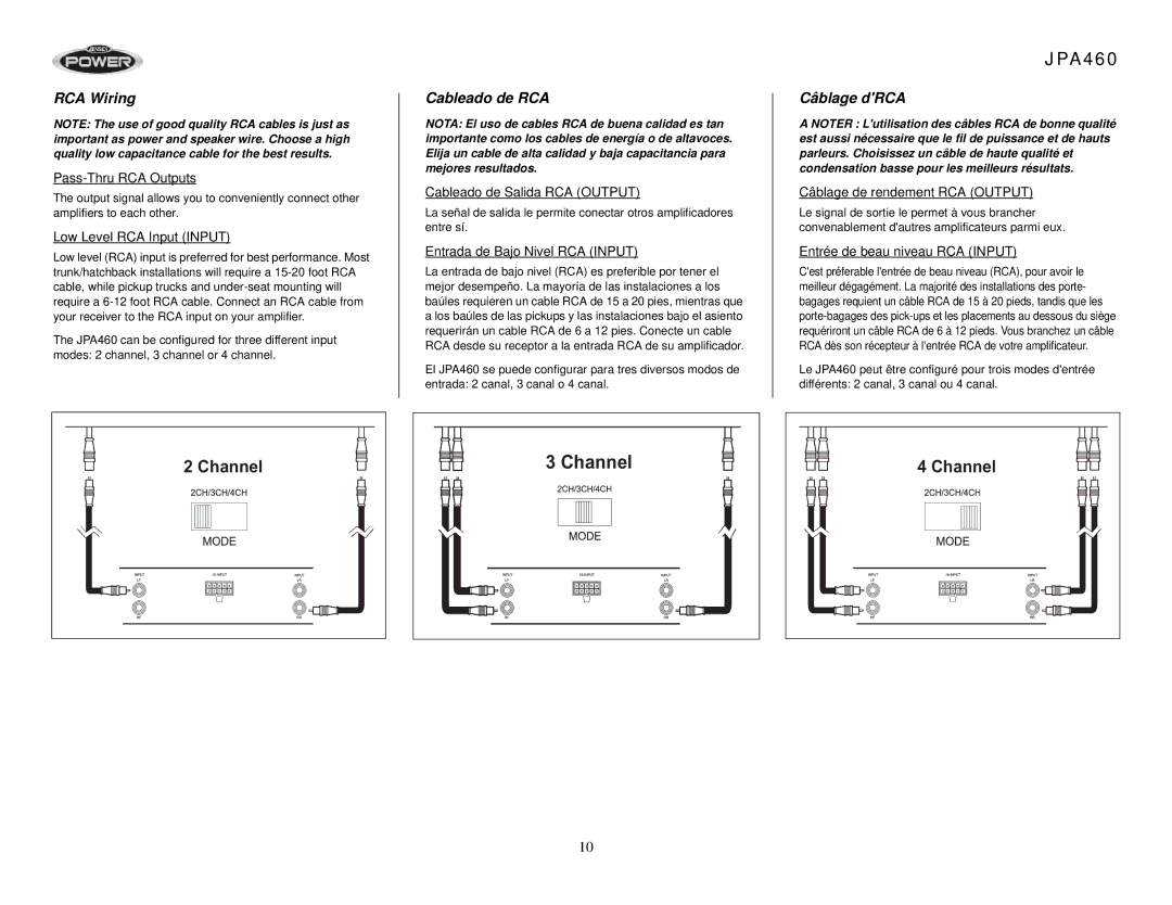 Audiovox JPA460 operation manual RCA Wiring, Cableado de RCA, Câblage dRCA 