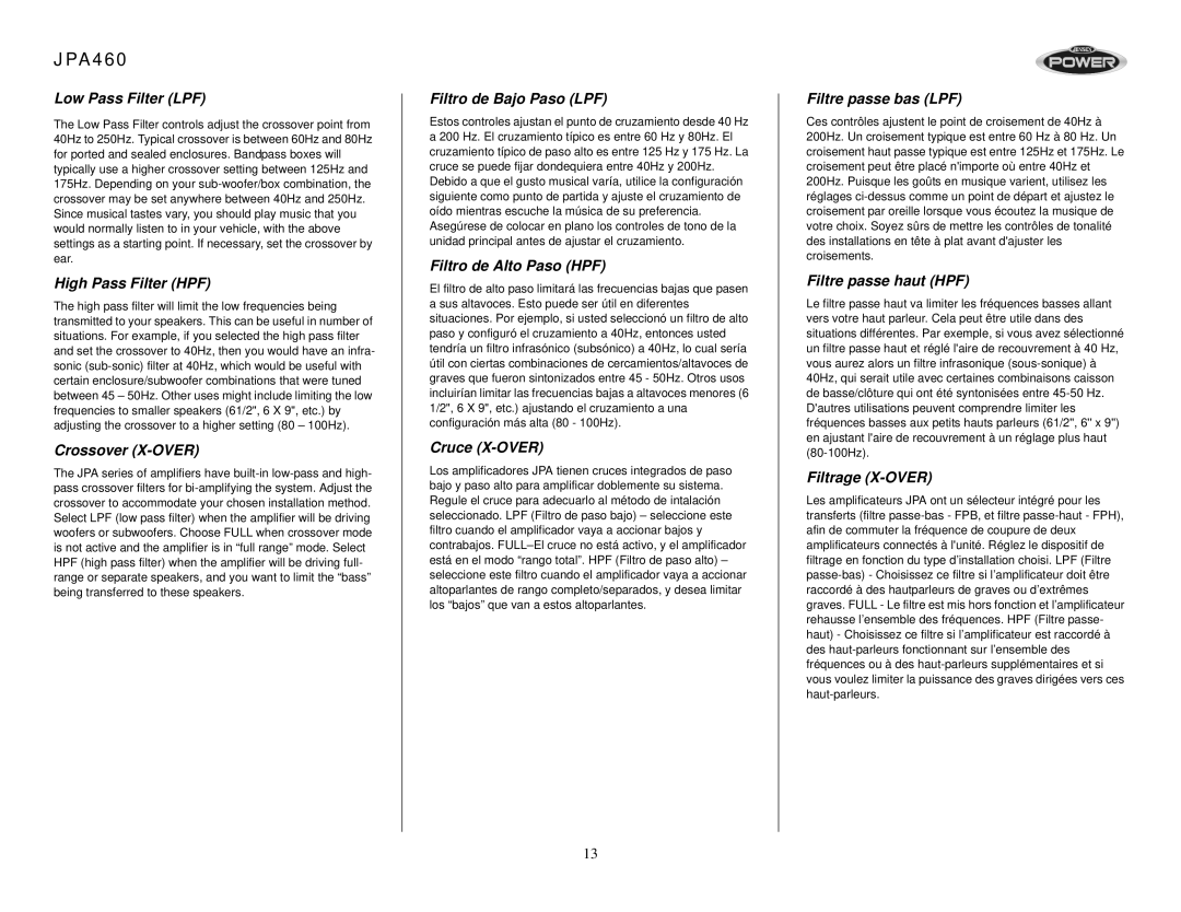 Audiovox JPA460 Low Pass Filter LPF, High Pass Filter HPF, Crossover X-OVER, Filtro de Bajo Paso LPF, Cruce X-OVER 