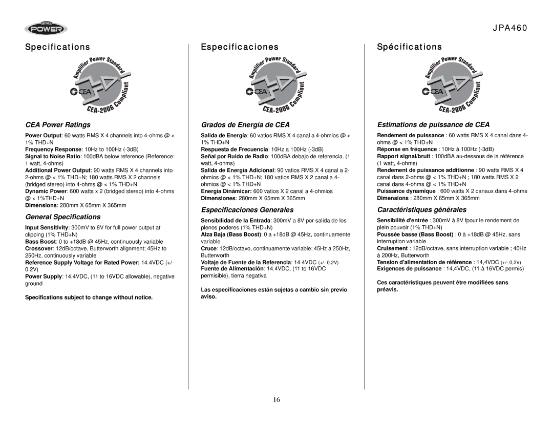 Audiovox operation manual Specifications, Especificaciones, JPA460 Spécifications 