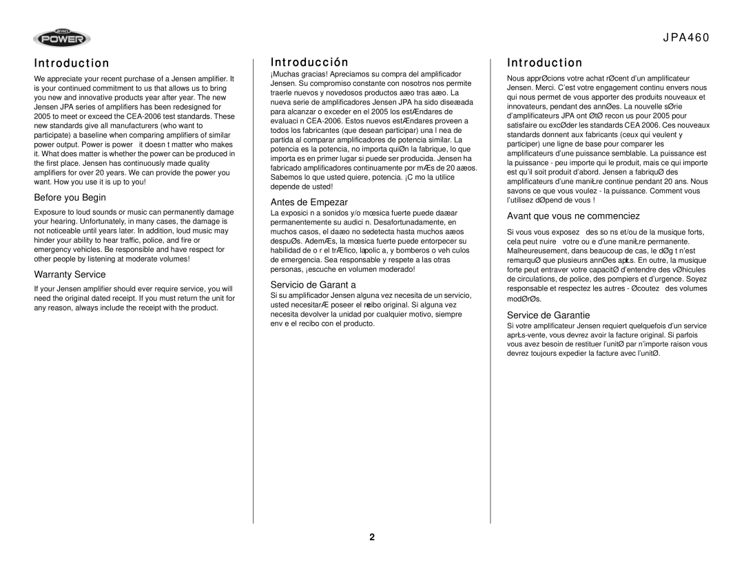 Audiovox operation manual Introducción, JPA460 Introduction 