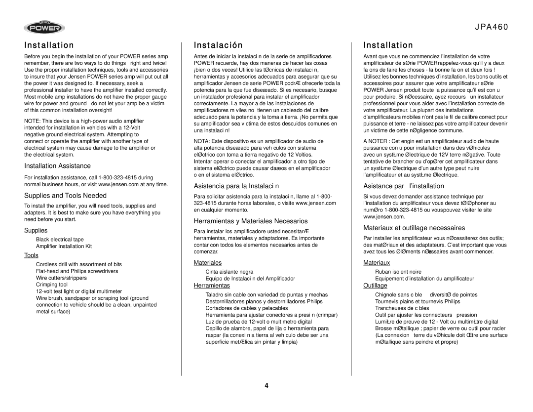 Audiovox operation manual Instalación, JPA460 Installation, Installation Assistance Supplies and Tools Needed 