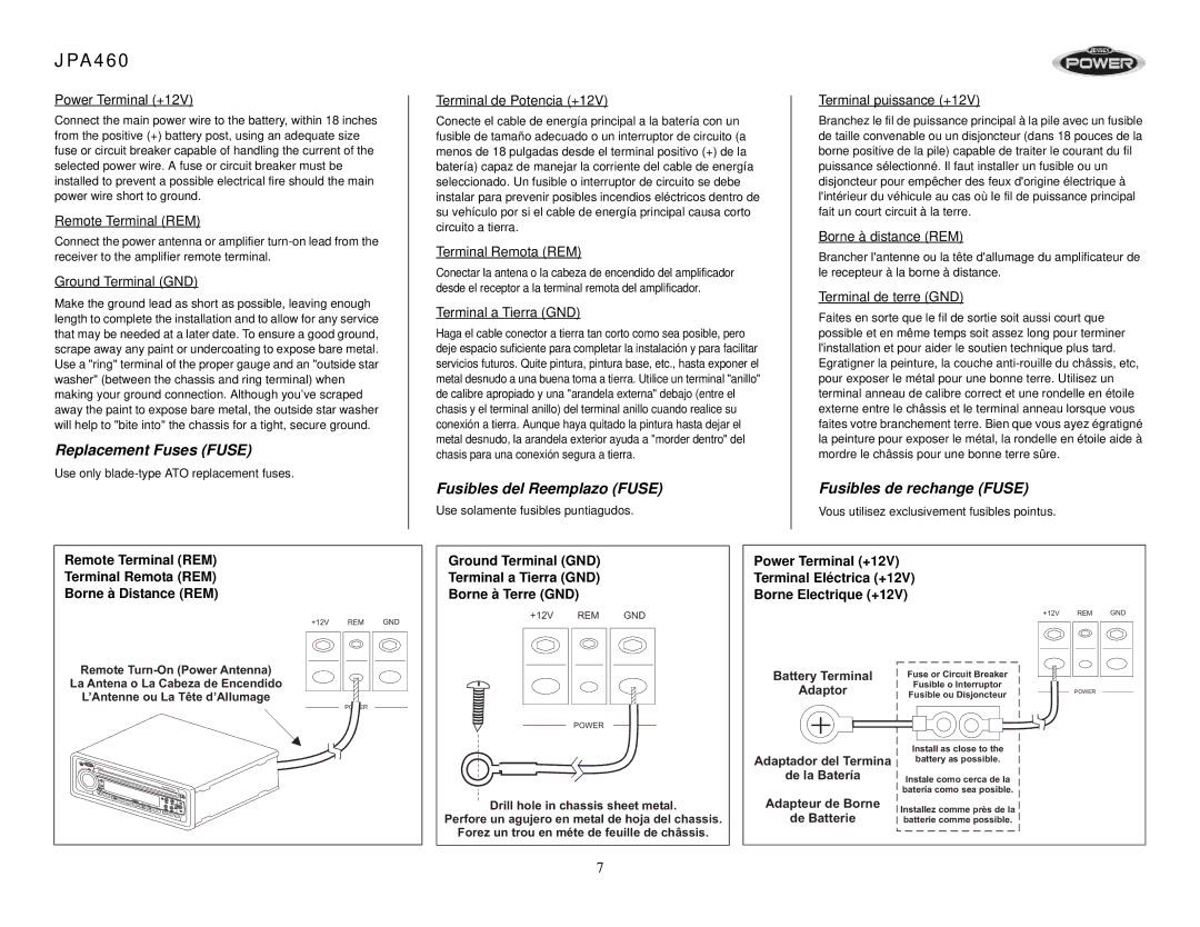 Audiovox JPA460 operation manual Replacement Fuses Fuse, Power Terminal +12V 