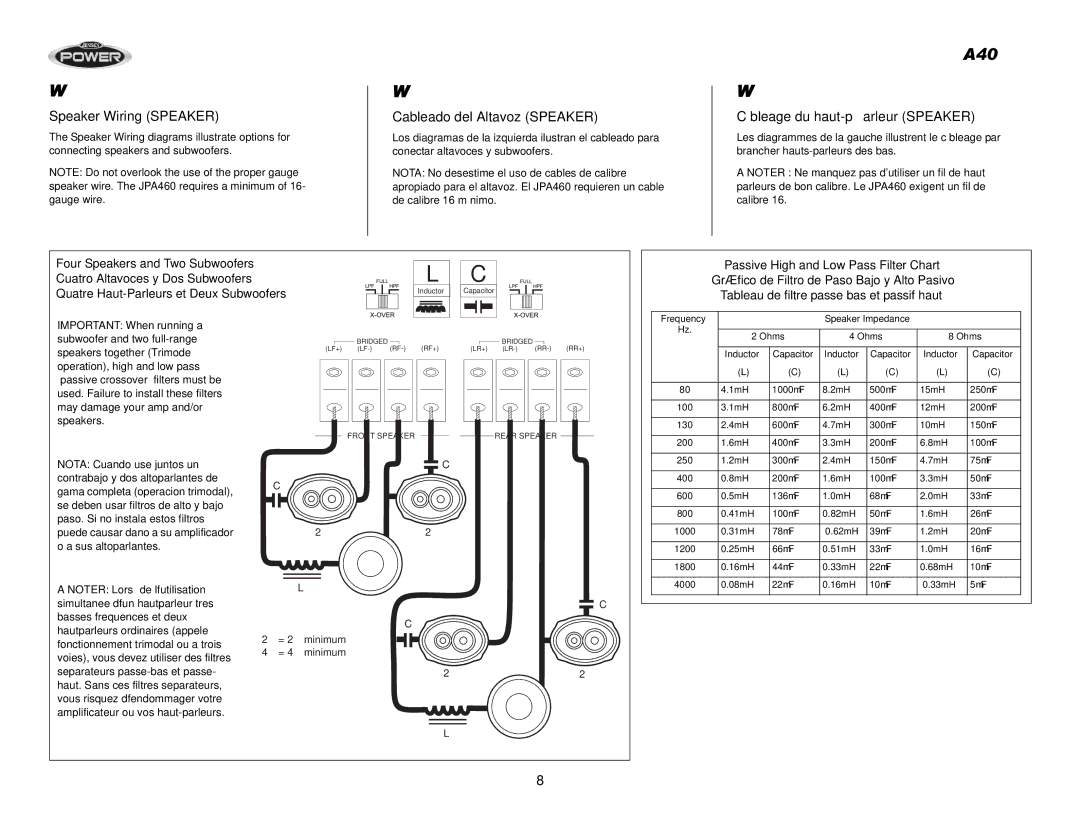 Audiovox JPA460 Wiring, Speaker Wiring Speaker, Cableado del Altavoz Speaker, Câbleage du haut-parleur Speaker 