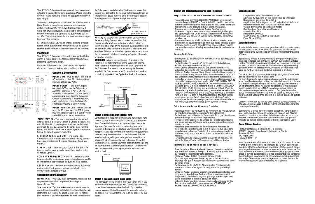 Audiovox JPS10 user service Placement, Controls & Connections, Connecting your Subwoofer 