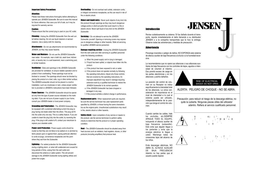 Audiovox JPS10 user service Introducción, Advertencia, Adentro. Refiera al servicio cualificado personnel 