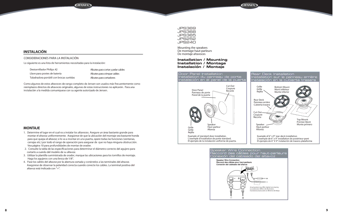 Audiovox JPS368, JPS252, JPS369, JPS240, JPS365 owner manual Montaje, Consideraciones Para LA Instalación 