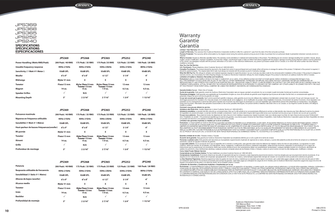 Audiovox owner manual JPS369 JPS368 JPS365 JPS252 JPS240, Specifications Spécifications Especificaciones 