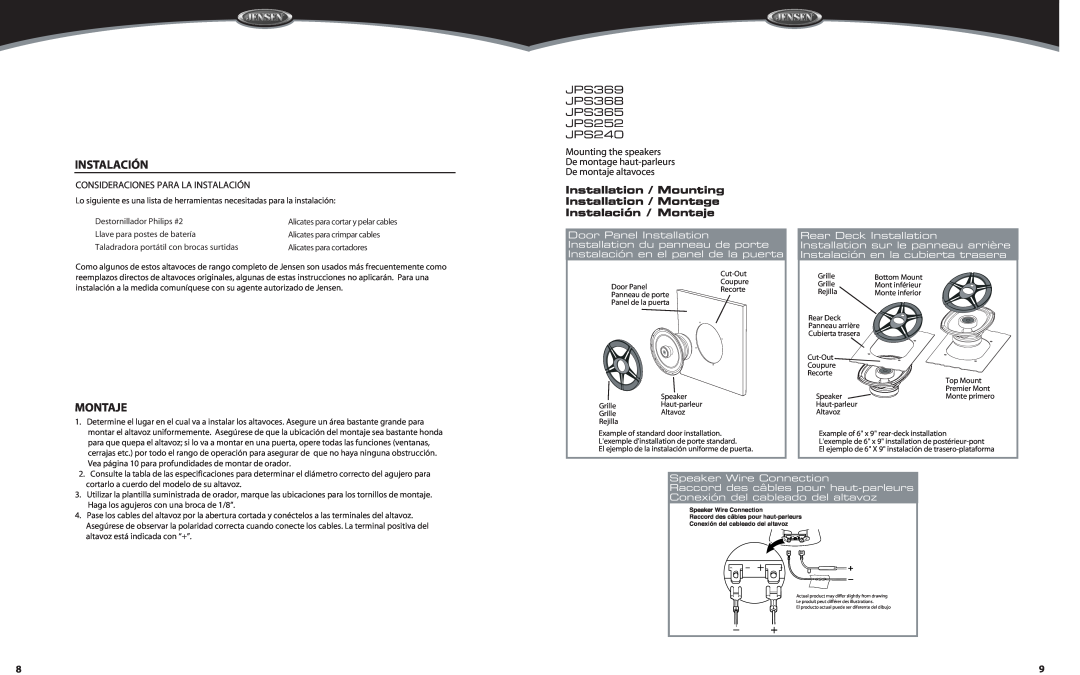 Audiovox owner manual Montaje, JPS369 JPS368 JPS365 JPS252 JPS240, Consideraciones Para La Instalación 