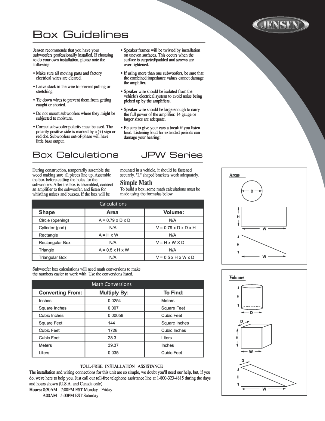 Audiovox JPW124 Shape, Converting From, Multiply By, To Find, Areas, Volumes, Box Guidelines, Box Calculations 
