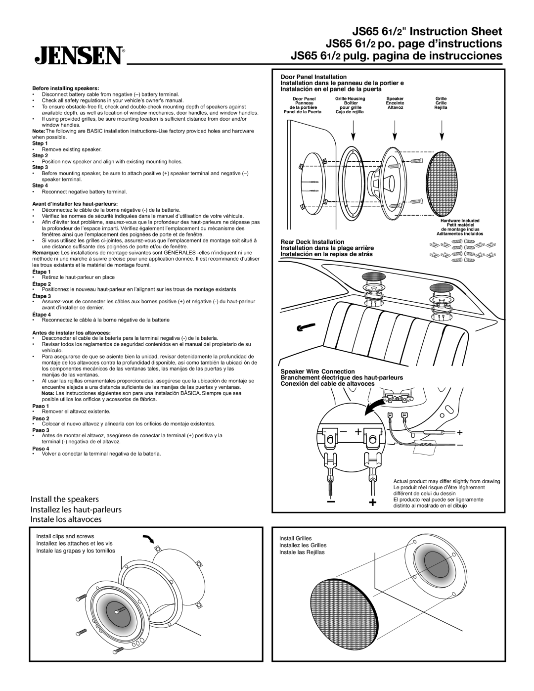 Audiovox JS65 instruction sheet Before installing speakers, Step, Avant d’installer les haut-parleurs, Étape, Paso 