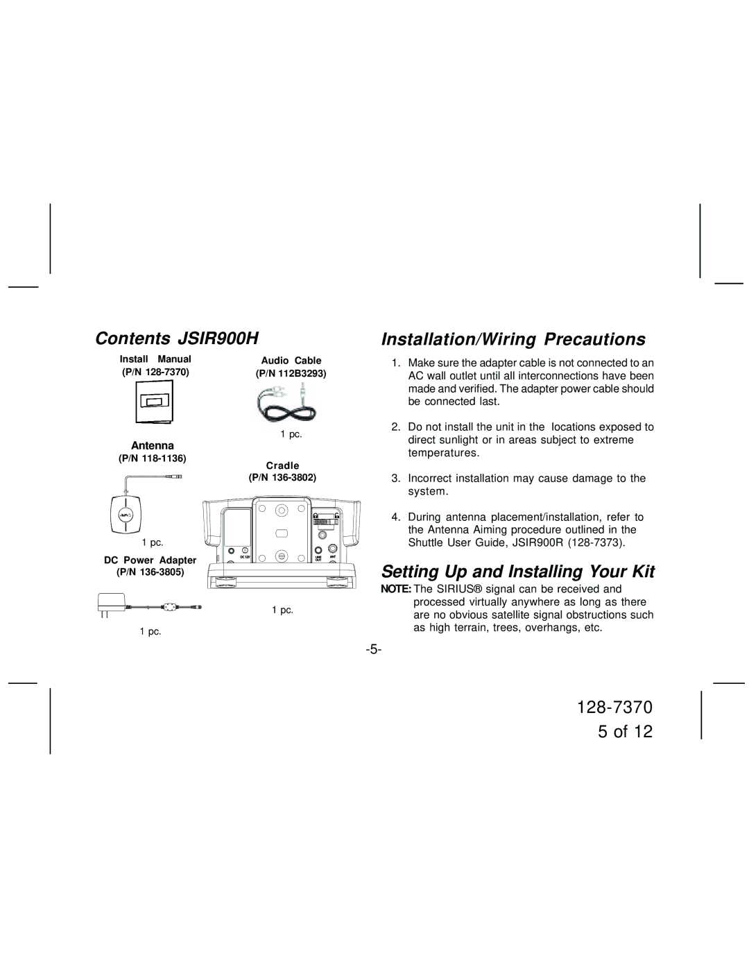 Audiovox manual Contents JSIR900H Installation/Wiring Precautions, Setting Up and Installing Your Kit 