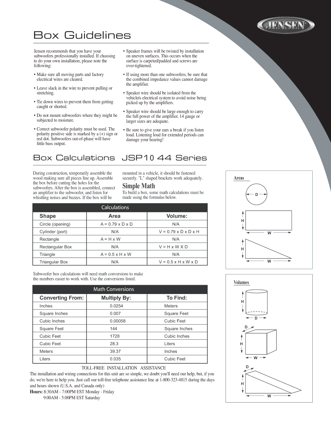 Audiovox JSP1044 owner manual Box Guidelines, Box Calculations JSP1 044 Series 