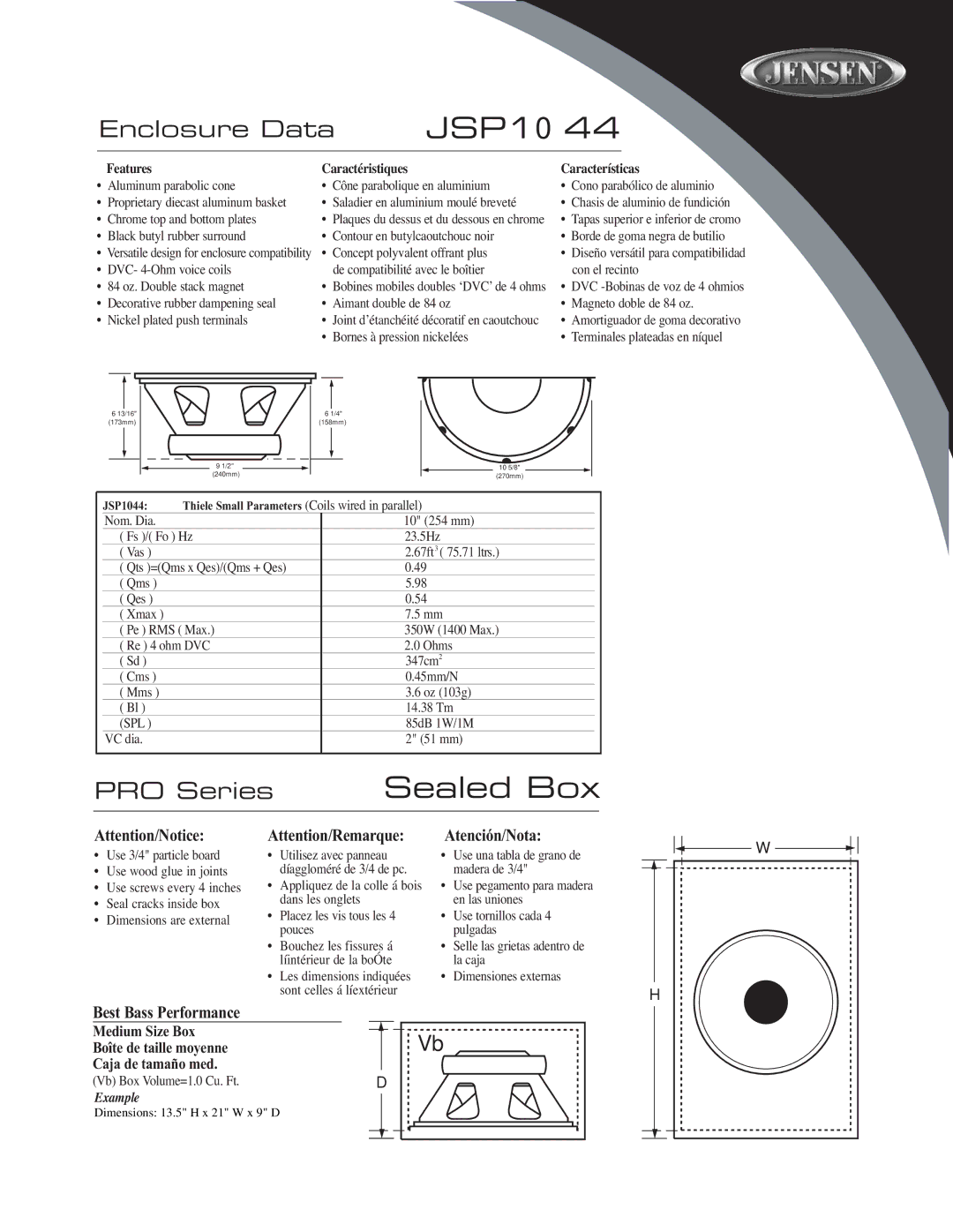 Audiovox JSP1044 owner manual Sealed Box 