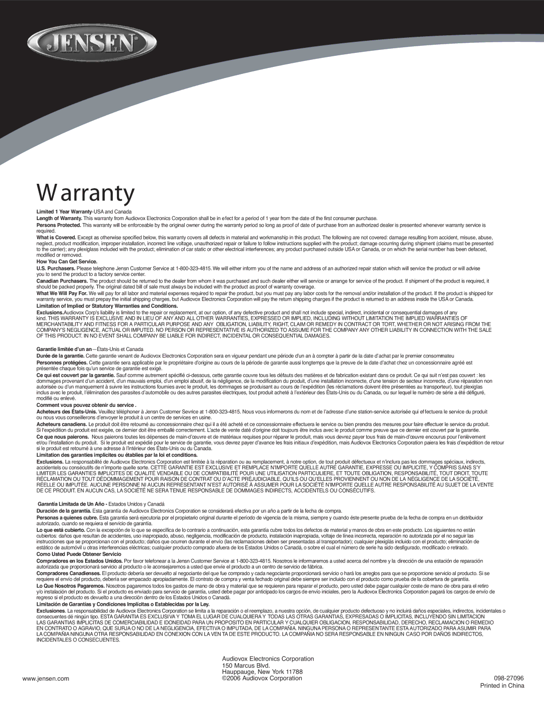 Audiovox JSP1044 owner manual Arranty 