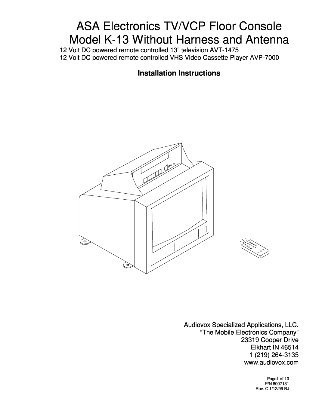 Audiovox K-13 installation instructions Installation Instructions, Page1 of P/N Rev. C 1/12/99 BJ 