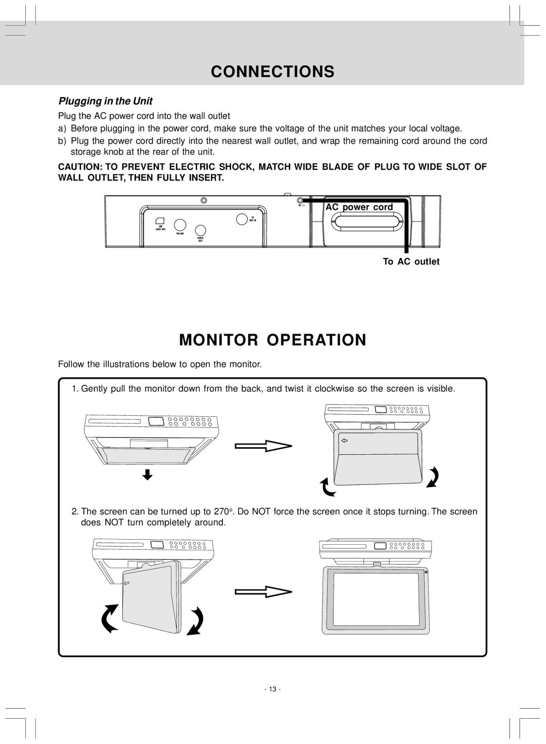 Audiovox KLV39120CE owner manual Monitor Operation, Plugging in the Unit, AC power cord To AC outlet 