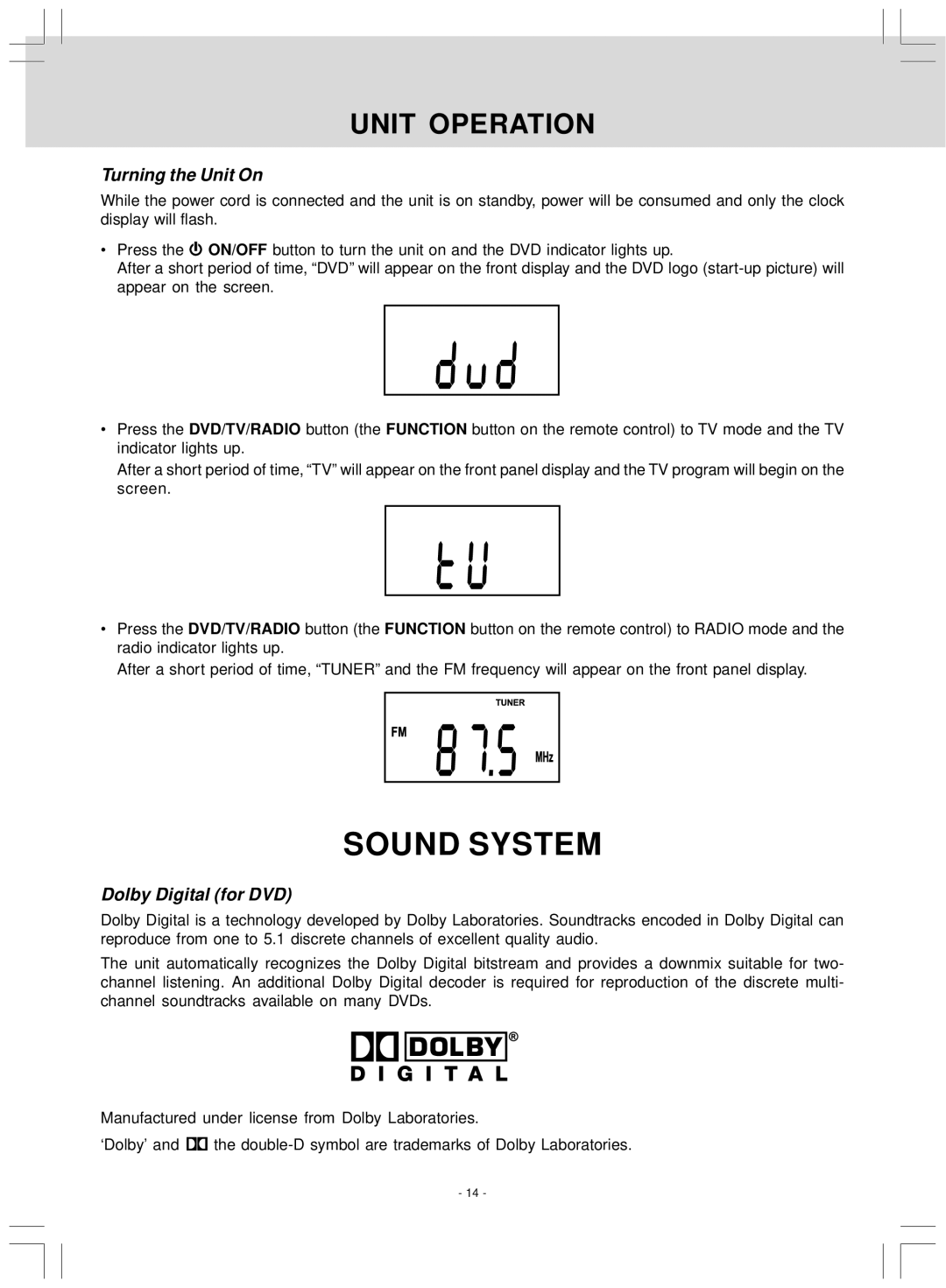 Audiovox KLV39120CE owner manual Unit Operation, Turning the Unit On, Dolby Digital for DVD 