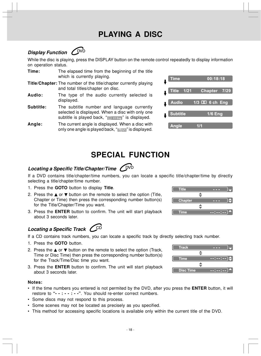 Audiovox KLV39120CE Special Function, Display Function, Locating a Specific Title/Chapter/Time, Locating a Specific Track 