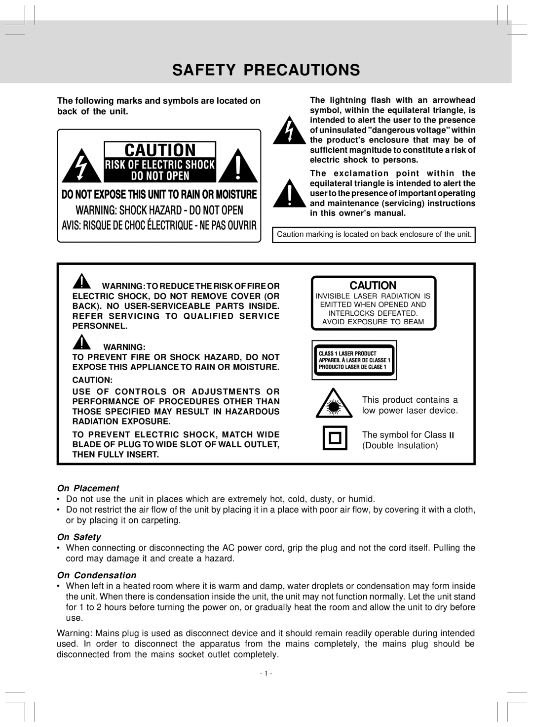 Audiovox KLV39120CE owner manual Safety Precautions, Following marks and symbols are located on back of the unit 