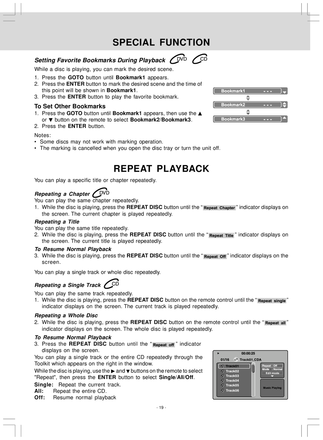 Audiovox KLV39120CE owner manual Repeat Playback, Setting Favorite Bookmarks During Playback 