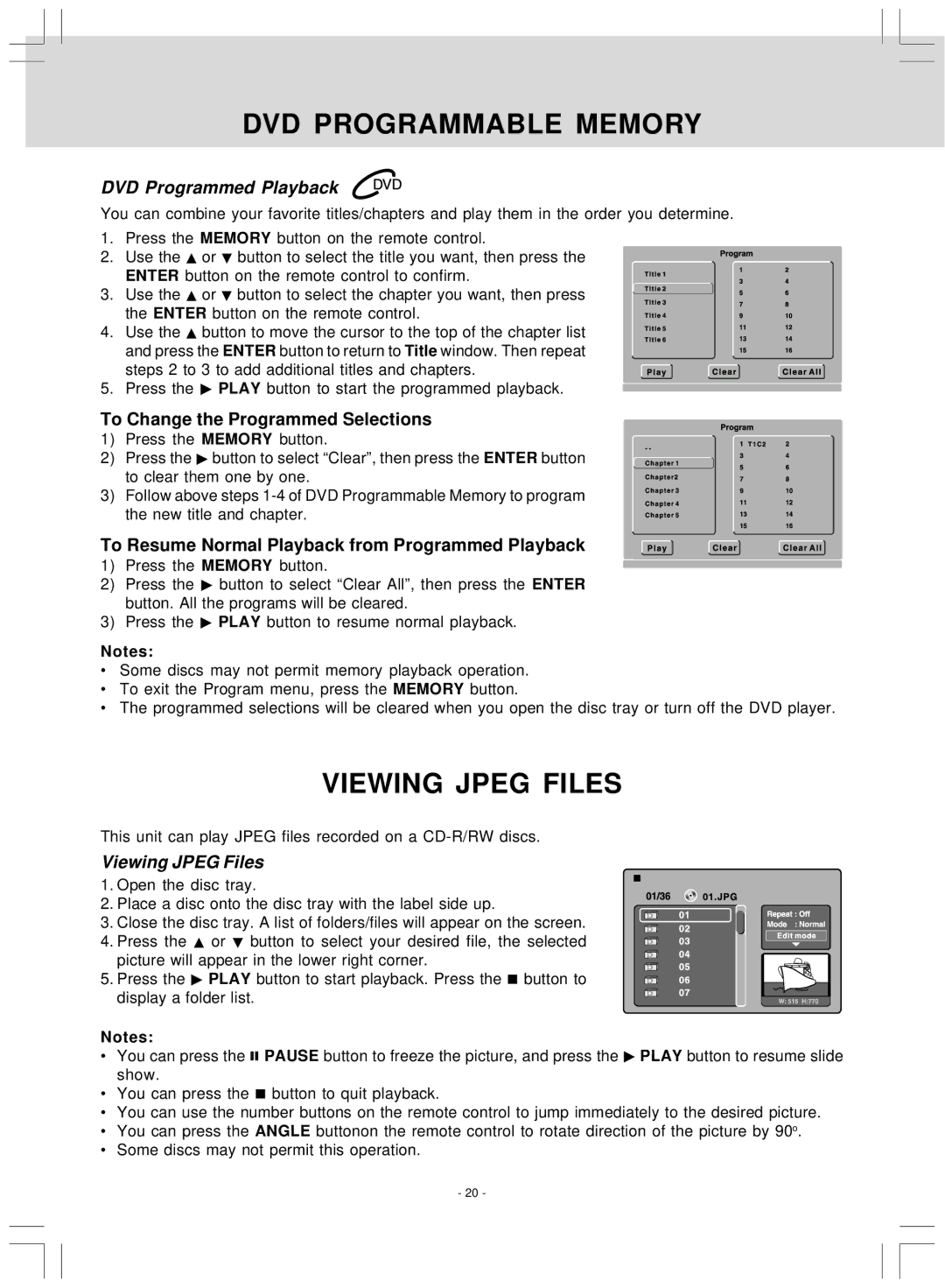 Audiovox KLV39120CE owner manual DVD Programmable Memory, Viewing Jpeg Files, DVD Programmed Playback 