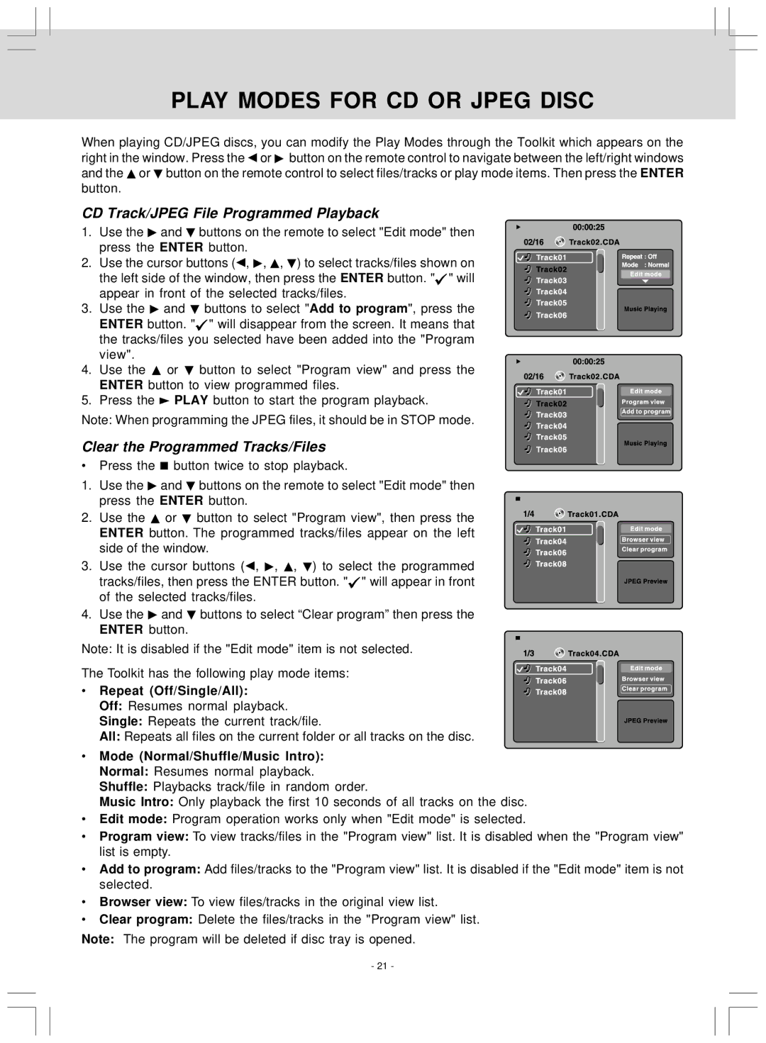 Audiovox KLV39120CE Play Modes for CD or Jpeg Disc, CD Track/JPEG File Programmed Playback, Repeat Off/Single/All 