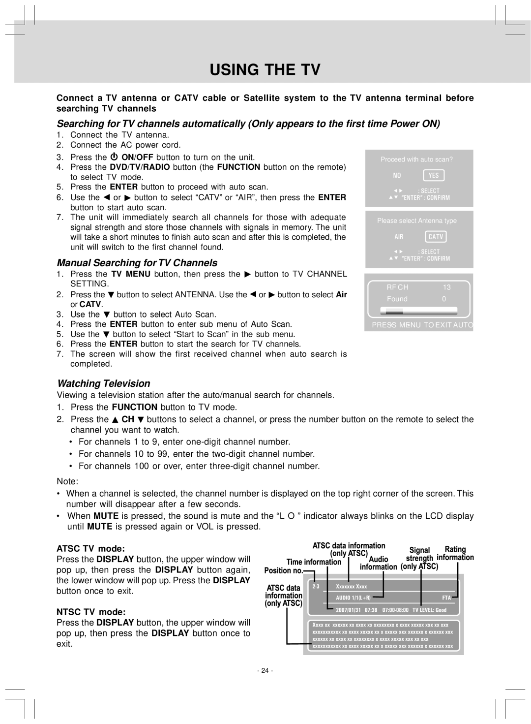 Audiovox KLV39120CE Using the TV, Manual Searching for TV Channels, Watching Television, Atsc TV mode, Ntsc TV mode 