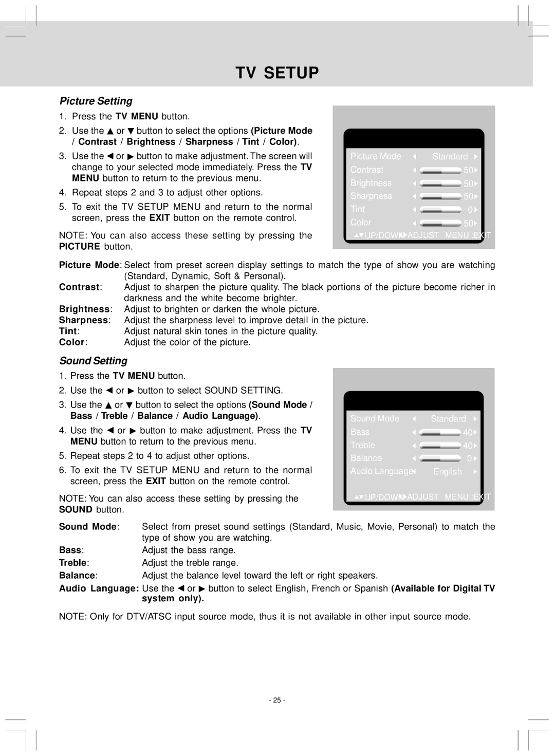 Audiovox KLV39120CE owner manual TV Setup, Picture Setting, Sound Setting 