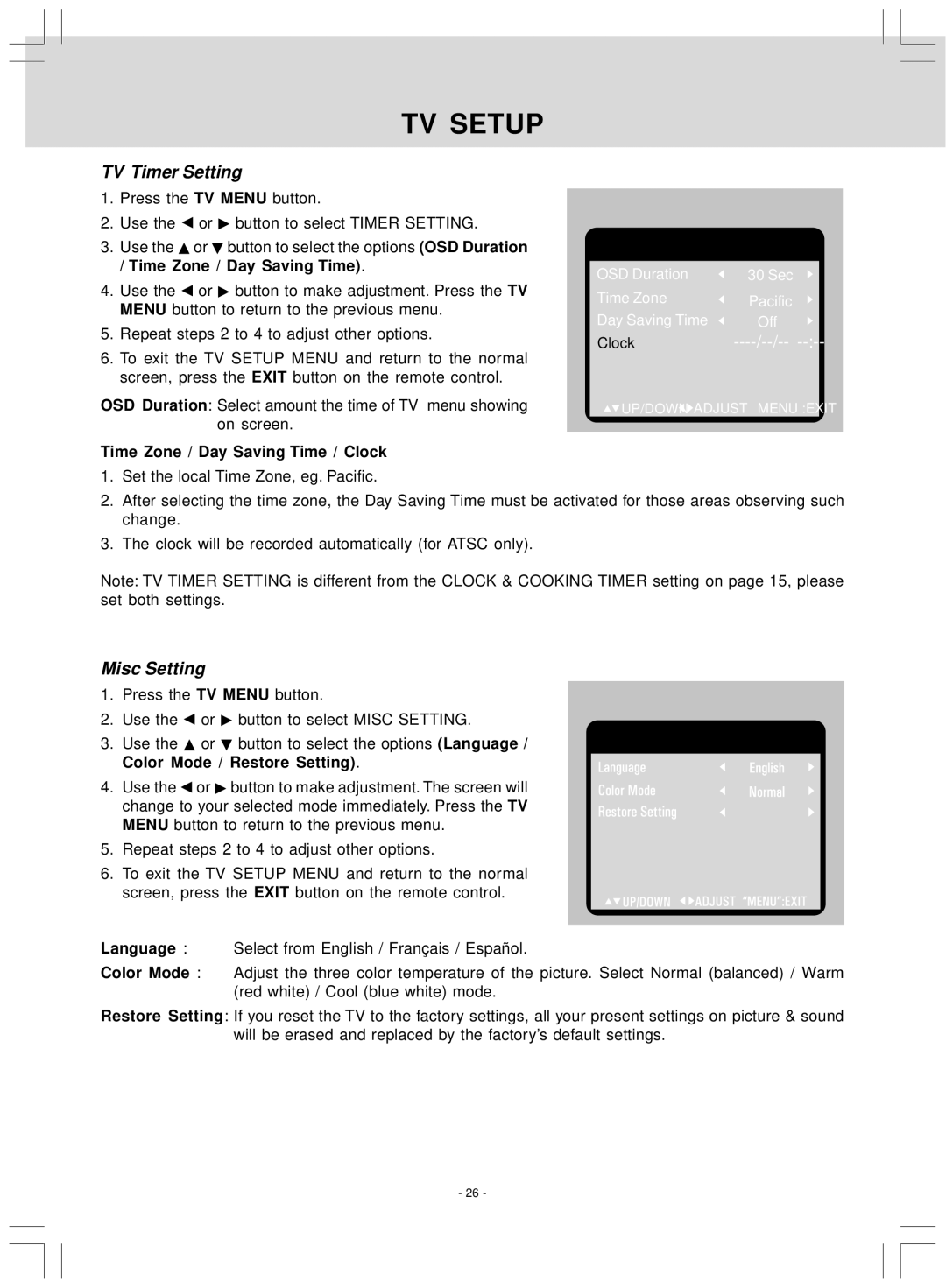 Audiovox KLV39120CE owner manual TV Timer Setting, Misc Setting, Time Zone / Day Saving Time / Clock 