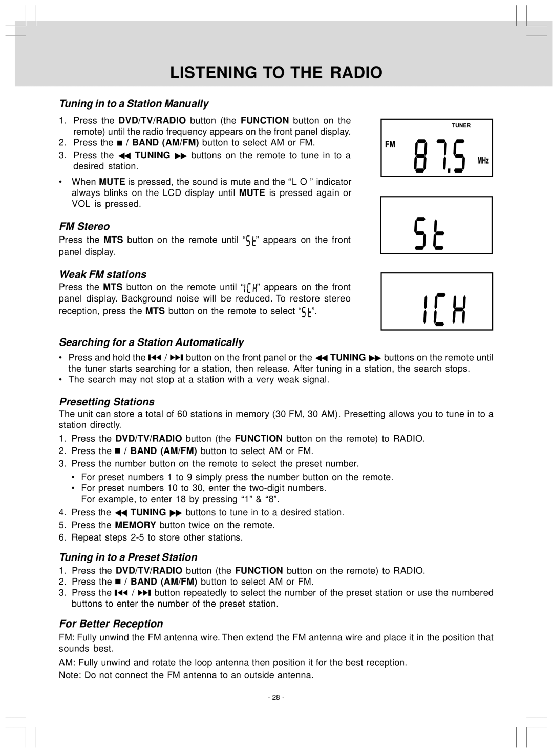 Audiovox KLV39120CE owner manual Listening to the Radio 