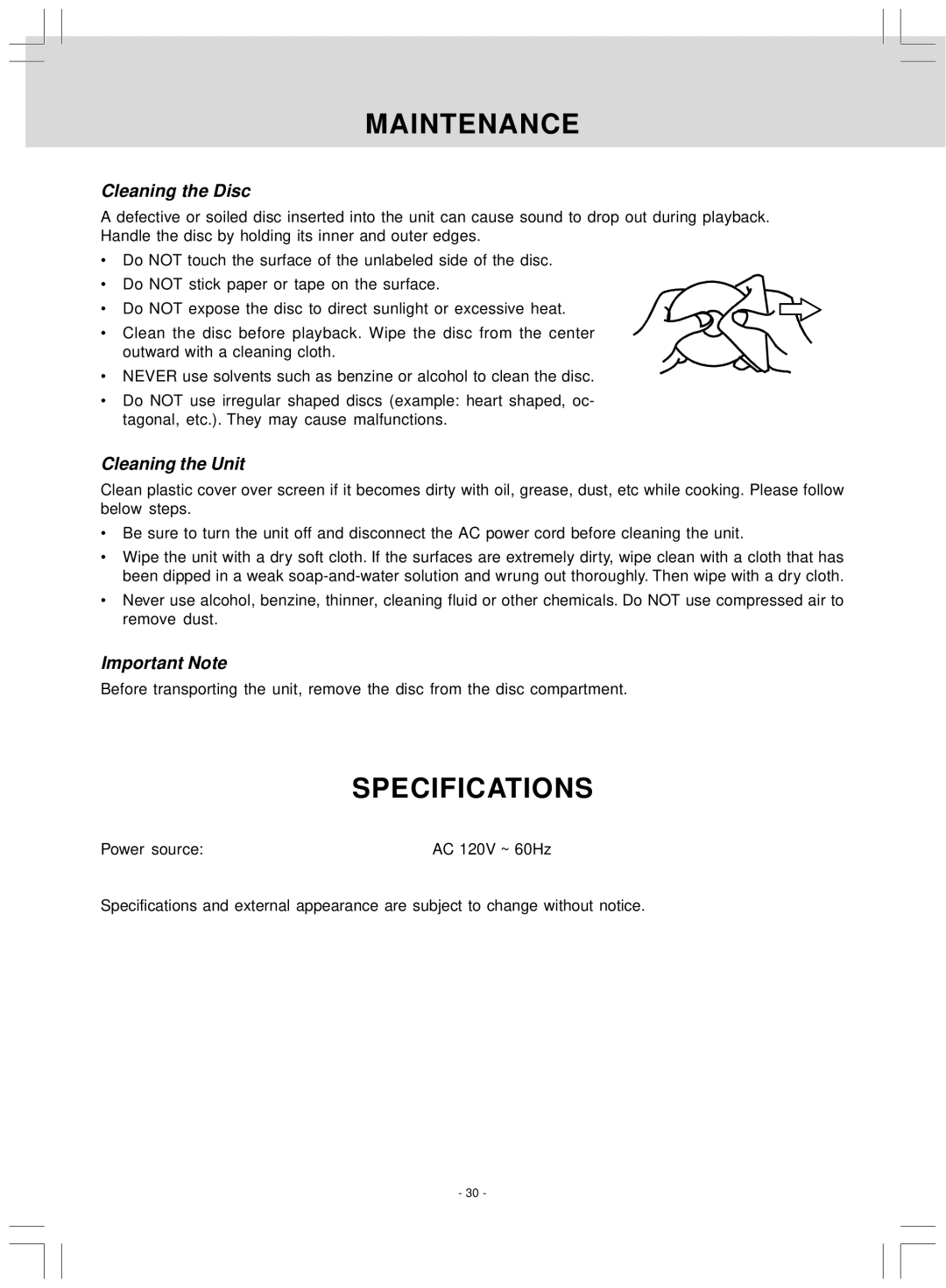 Audiovox KLV39120CE owner manual Maintenance, Specifications, Cleaning the Disc, Cleaning the Unit, Important Note 