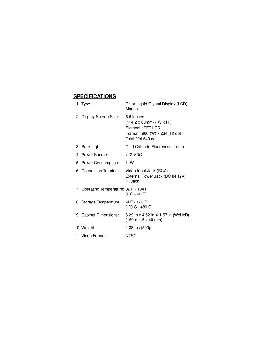 Audiovox LCM-0565 manual Specifications 