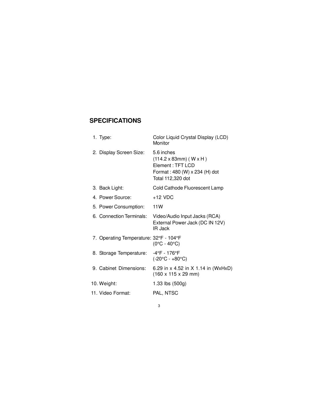 Audiovox LCM-5600NP owner manual Specifications 