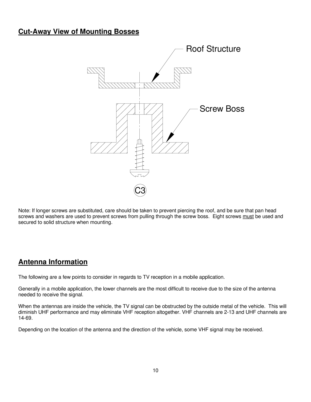 Audiovox LCM1331FDW installation manual Cut-Away View of Mounting Bosses, Antenna Information 